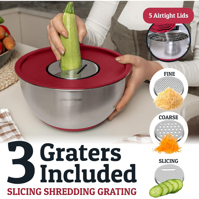 Набір місок для змішування PriorityChef з нержавіючої сталі з кришками, 3 терки, герметичні кришки, силіконова нековзна основа, набір місок для кухні, великі металеві міски для приготування їжі, зелений колір