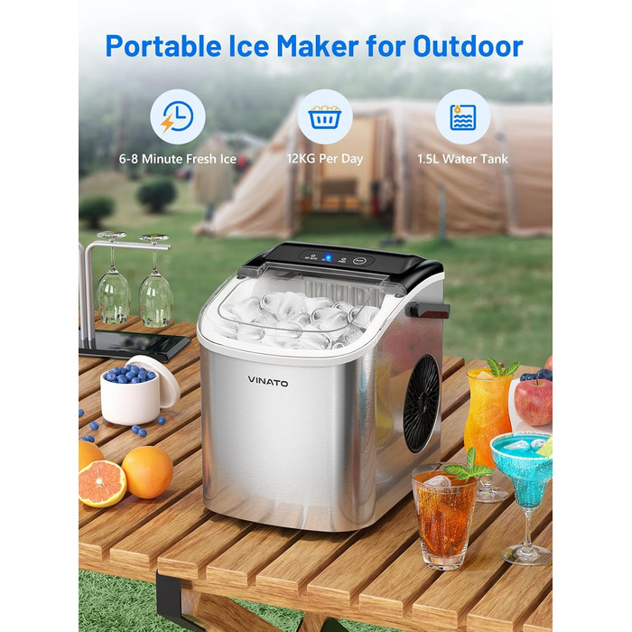 VINATO Льодогенератор портативний для дому та офісу, 12 кг/24 год, срібний. Швидке виробництво льоду (6-8 хв), з лопаткою та кошиком.