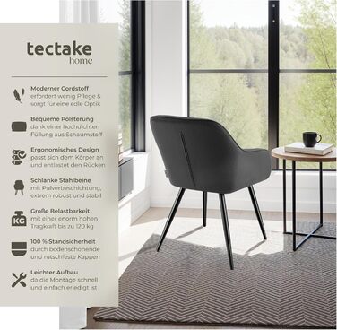 Крісло tectake® з підлокітниками, м'яке, обтягнуте тканиною Cord, для вітальні, їдальні, кухні, офісу (набір 6 шт., антрацит/чорний)