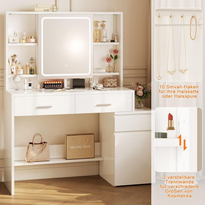 Дзеркальний туалетний столик JUMMICO з LED-підсвічуванням (3 режими яскравості, 3 колірні температури), великий комод з 6 відділеннями, 2 ящиками, бічною шафкою та полицею, 117x40x140 см, білий