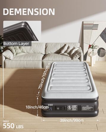 Надувне ліжко CHILLSUN® з електричним насосом, 203x152x46 см, водонепроникне, для кемпінгу та гостей (1 особа)