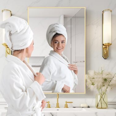 Дзеркало для ванної кімнати Homecookin Goldspiegel, 50.8 x 76.2 см, прямокутне, з металевим каркасом, для встановлення над умивальником, горизонтально або вертикально