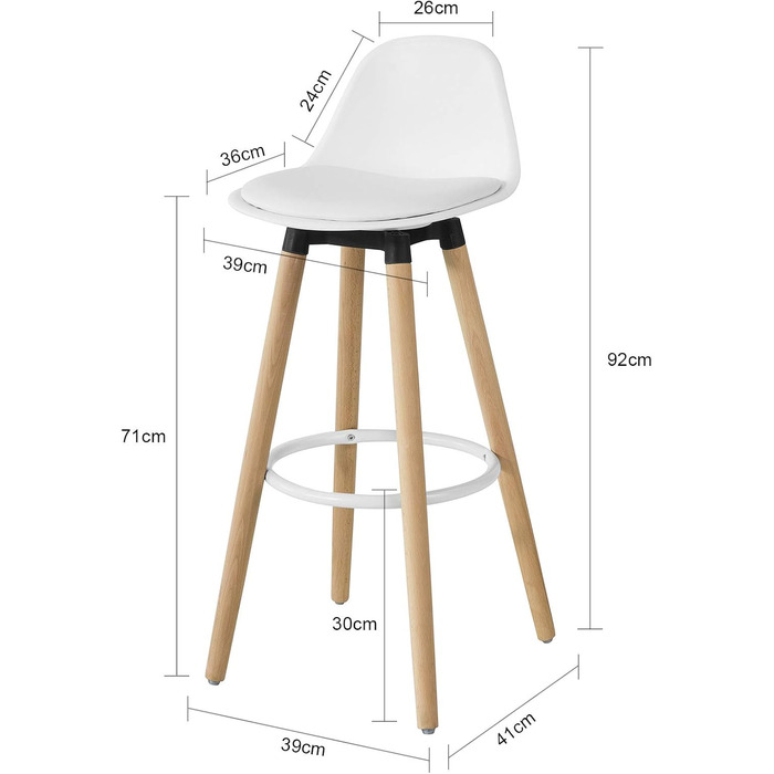Барний стілець SoBuy FST70-W, білий, бук, з підставкою для ніг і спинкою, висота сидіння 71см
