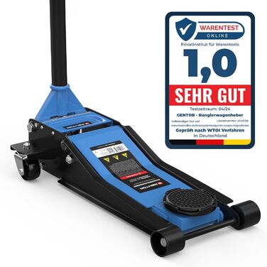 Гідравлічний домкрат 3T низькопрофільний 75-505мм з гумовими накладками для легкових авто та SUV – професійний, на колесах 360° (блакитний)