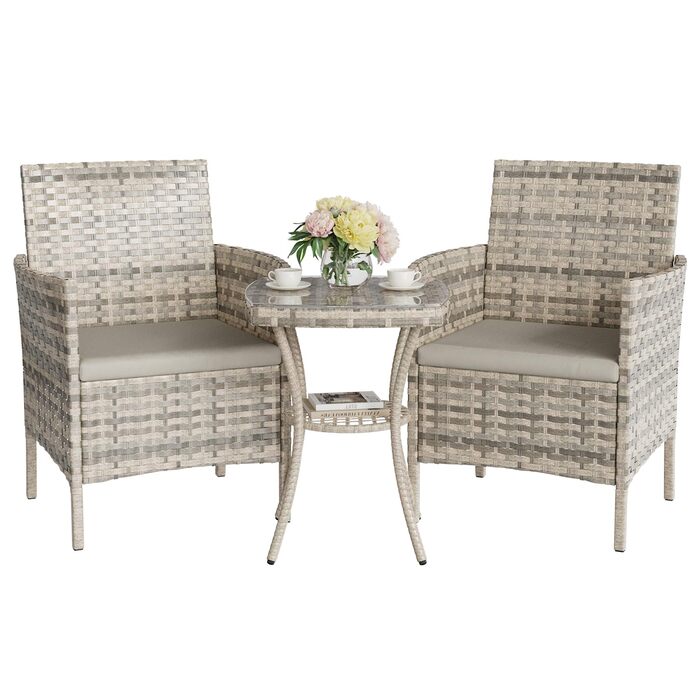 Набір садових меблів UDPATIO Lounge для балкона: стіл та 2 стільці, стійкий до погодних умов, для тераси та саду, поліротанг, 2 особи (кремовий, 3-частинний)