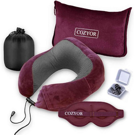Комплект для подорожей Cozyor 4 в 1: подушка для шиї, маска для сну, надувна подушка та ковдра 2 в 1, беруші, з кріпленням для рюкзака та валізи, червоний, бордовий (Berry)