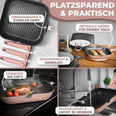 Сковорода-гриль NEU 28 см з виливом та знімним ручками, антипригарне покриття, без PFOA, для індукційних плит, можна використовувати в духовці | сковорода з покриттям для грилю | сковорода для стейків (Рожева)