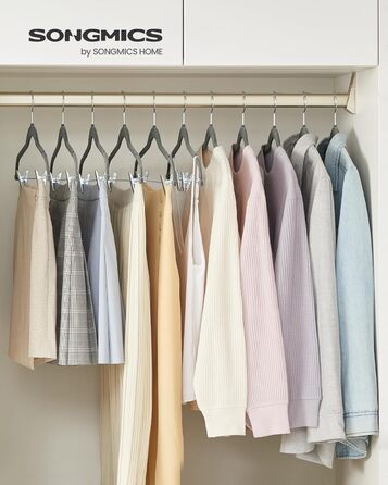 Набір вешалок SONGMICS з оксамиту, 20 шт., для штанів, пальто, суконь, 42,5 см, з регульованими кліпсами, антиковзаючі, економія місця, сірі