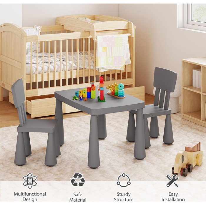 Дитячий стіл LIFEZEAL з 2 стільцями: набір меблів для дітей з пластику сірого кольору