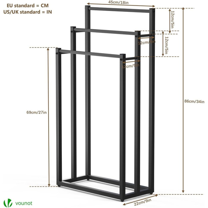 Підставка для рушників VOUNOT® на підлозі, металева, 3 стійки, чорна, 3 рівні