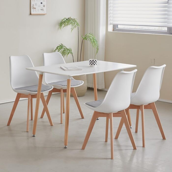 Стільці для їдальні в скандинавському стилі, ретро-дизайн, м'які, для кухні/офісу, з масивних букових ніжок (набір 6 шт., білий)