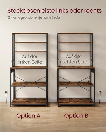 Стелаж кухонний VASAGLE з розетками, 6 полиць, гачки, сталевий каркас, 40 x 80 x 167 см, вінтажний коричневий + чорний, KKS119K06 80B cm