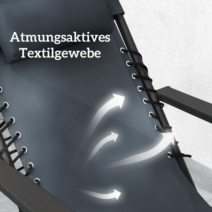 Набір із двох лежаків для відпочинку на сонце, розкладні, з регулюванням під кутом напівлежання (Zero Gravity), з підголовниками та столом-табуретом, що входить до комплекту, та двома тримачами для напоїв.