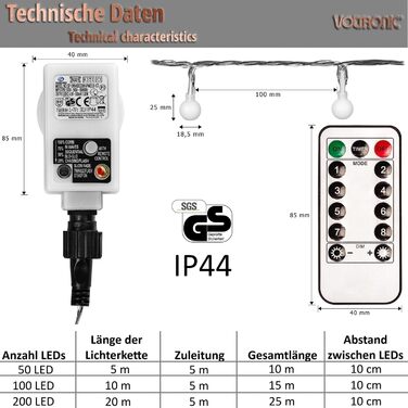 Ланцюжок для вечірок VOLTRONIC LED, IP44, пульт дистанційного керування, 200 кольорових світлодіодів, для внутрішнього та зовнішнього використання