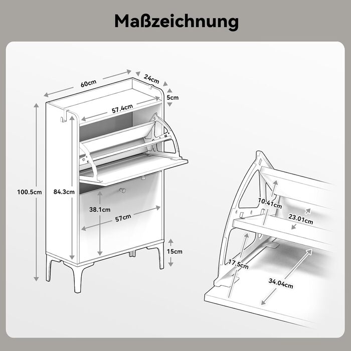 Взуттєва шафа Dripex, вузька, з 2 висувними ящиками-кипперами, металеві ніжки, для прихожей, вітальні, 80x24x100 см, білий (60 см, сірий)