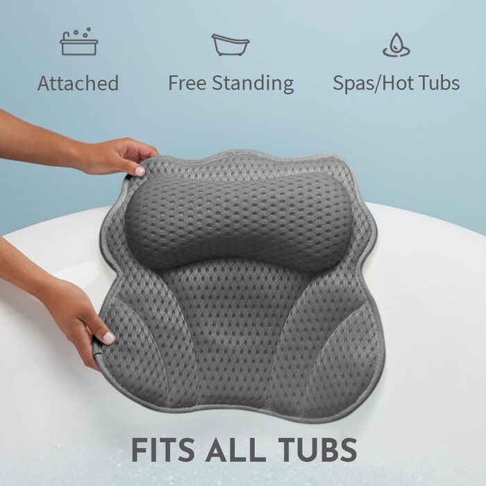 Подушка для ванни WONDERfoam з ергономічною підтримкою голови, шиї та спини, сірого кольору. Матеріал: піна пам'яті, антиковзаюча, машинне прання, дихаюча, швидковисихаюча.