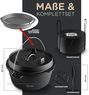 Чавунний казан JAXX Roadhouse Original Dutch Oven (9л) з кришкою, піднімачем та сумкою для перенесення, для відкритого вогню та плити