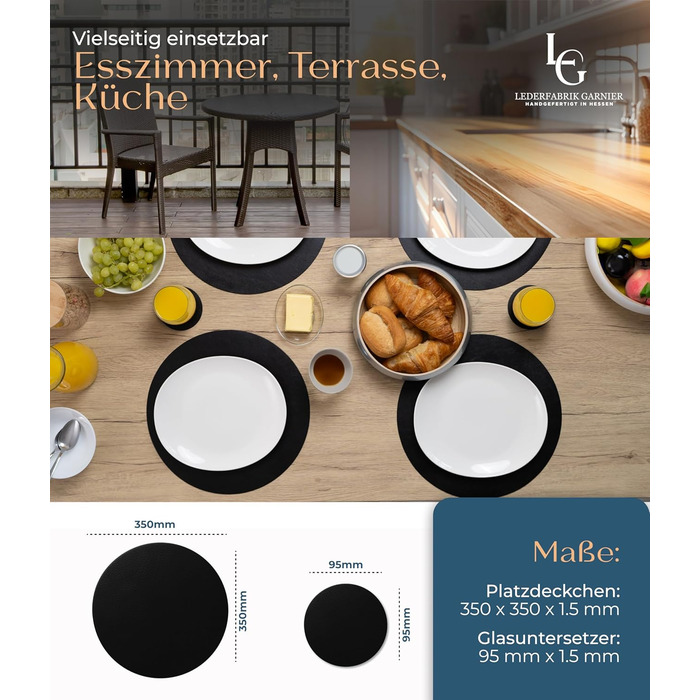 Набори серветок Garnier® з еко-шкіри, 4 шт. – миючі, стійкі, з антиковзаючою поверхнею – з екологічної переробленої шкіри, Made in Germany (круглі, чорні)