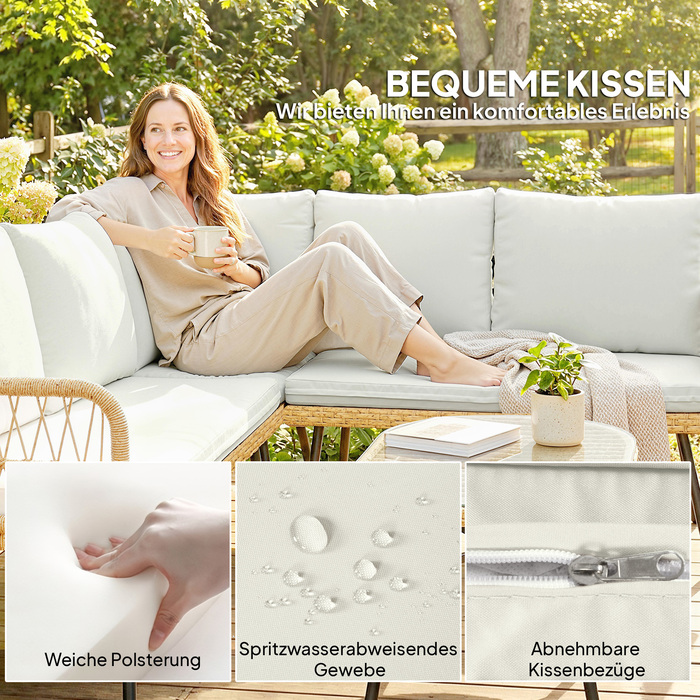 Набір садово-розсувних меблів з ротангу (поліротанг) на 4 частини, комплект для відпочинку з кутовим диваном, двомісним диваном, скляним столиком та знімними подушками, розрахований на 5 осіб.