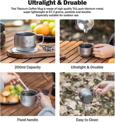 iBasingo чашка для еспресо Titan 200мл, подвійні стінки, нержавіюча сталь, для лате, капучино, какао, чай, подорожі, кемпінг, ультралегка, міцна