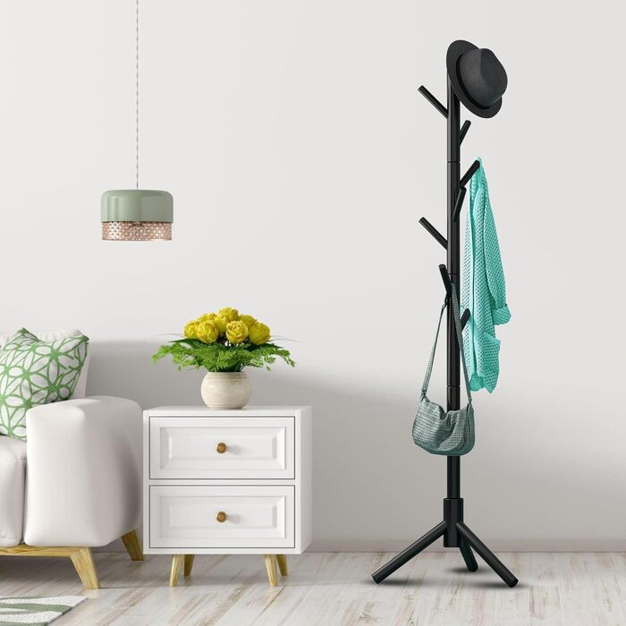 Дерев'яний вішак для одягу Bayt - стійка для одягу 175 см з 8 гачками, чорний колір