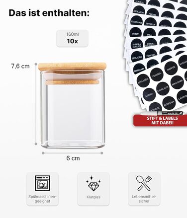 Набір скляних банок для спецій Deco haus® з дерев'яними кришками (10 шт.) - Набір контейнерів для спецій, кухонні баночки, зберігання спецій