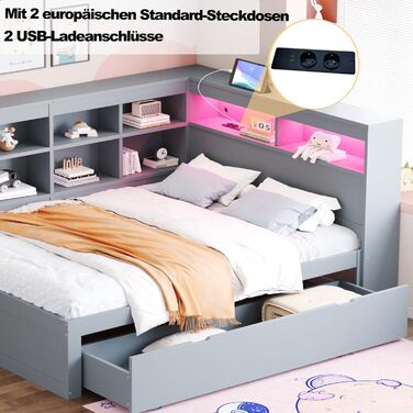 Диван-ліжко Kehun Doppelbet з LED-підсвіткою та USB-портом, трансформер з ящиками для зберігання та полицею, ліжко з ламелями, білий колір, без матраца, 140x200 см (сірий)