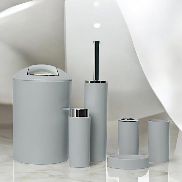 Набір аксесуарів для ванної кімнати 6tlg Badset: мильниця, стакан для зубних щіток, відро для косметики, щітка для унітазу та тримач, мильниця, сміттєвий бак, тримач для зубних щіток (Сірий, дизайн 2a)