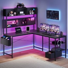 Ігровий стіл Dowinx з LED-підсвічуванням, L-подібний, з розеткою та місцем для зберігання, обертовий, з USB, для дому, 120x148 см (Чорний)