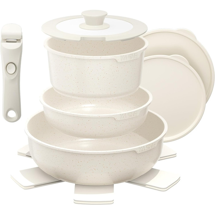 Набір посуду YASHE 9 предметів: каструлі та сковорідки з антипригарним покриттям, білий, для всіх плит, знімний ручка, сумісний з духовкою, компактний, сталевий