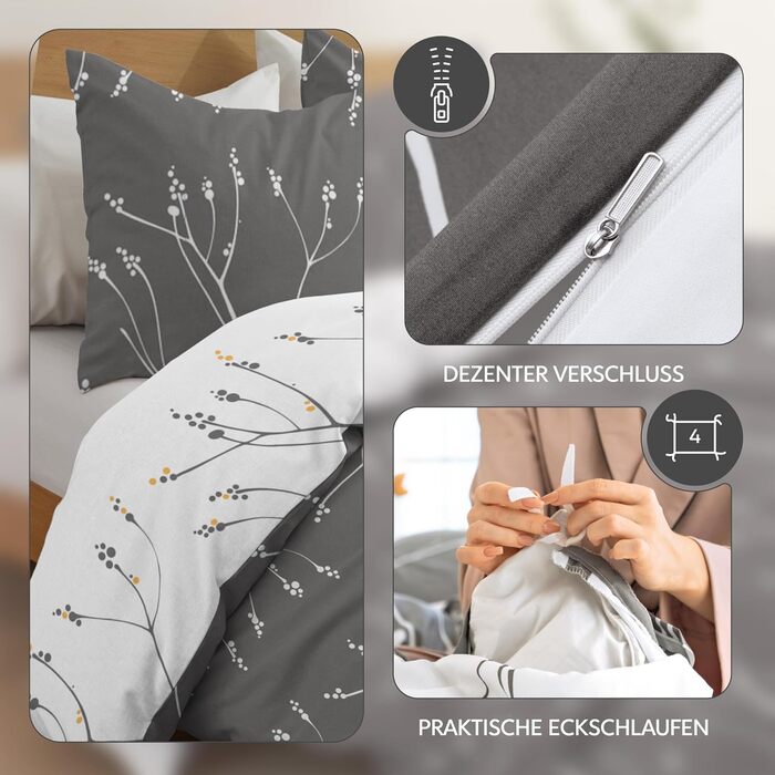 Комплект постільної білизни Dreamzie 200x200 см з 2 наволочками 80x80 см, сірий гілковий малюнок, для дорослих, 100% мікрофібра, сертифікат Oeko TEX