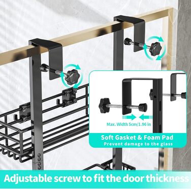 Дзеркальна поличка для душу HapiRm на двері з 22 гачками та тримачами для зубних щіток - 5 ярусів (Чорний)