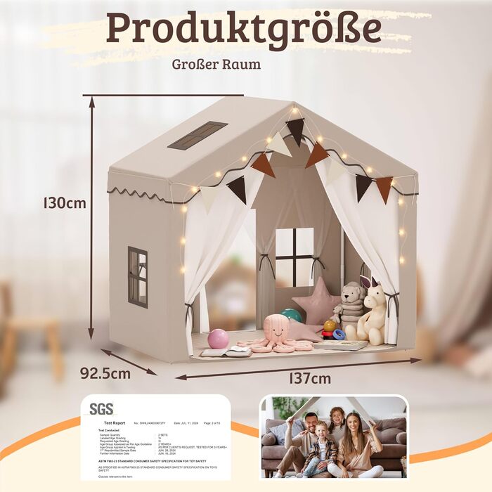 Дитяче намет-будиночок EROMMY 2-в-1 з килимком, прапорцями та світлодіодними смугами, двостулковими дверима, даховим вікном, для дому, вік 3+, коричневий