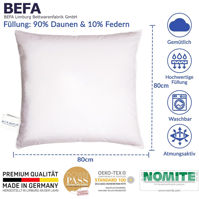 Подушка BEFA NATUR Made in Germany 40х80 см з 90 пухом і 10 пір'ям 1 класу, біла, вага наповнювача 400г. Підходить для алергіків (номіт), Downpass (2 шт. и) (80 х 80 см)