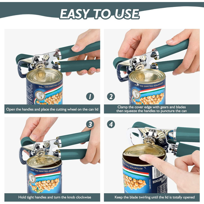 Відкривачка для консервів ручна, сталева, з великим зручним колесом та відкривачем для пляшок (1 шт., смарагдовий колір)