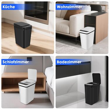 Набір з 2 відер для сміття з сенсором, 12л, автоматичний відкривання кришки, 3 режими роботи, тихе, водонепроникне, інтелектуальне відро для сміття, для кухні, офісу, вітальні, ванної кімнати (Чорний+Білий)