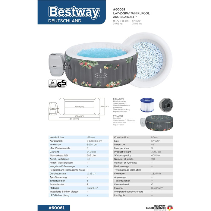 Надувний спа-басейн з гідромасажем Bestway Lay-Z-Spa Miami AirJet Whirlpool, для 2-4 осіб, 180 x 66 см