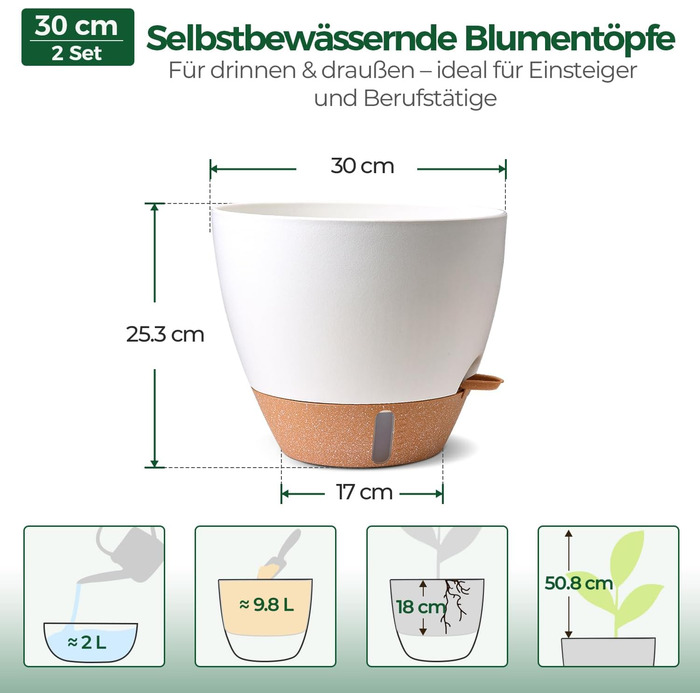 Набір 4 самополивні горщики для квітів T4U з індикатором рівня води, легкі у догляді, великі (30 см, білий)