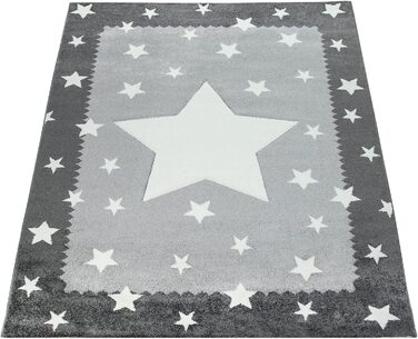 Домашній дитячий килим Paco, сіро-білий, для дитячої кімнати, з 3-мірною окантовкою, дизайн у вигляді зірок, м'який, міцний, Розмір (133 см в квадраті)
