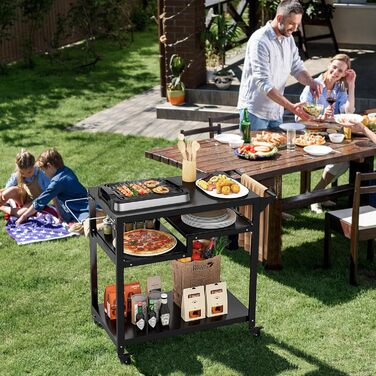 Візок для гриля Komfotteu з металу, садовий візок з робочим столом, 4 полиці та ручка, візок для гриля з 6 гачками та тримачем для сміттєвих пакетів, чорний