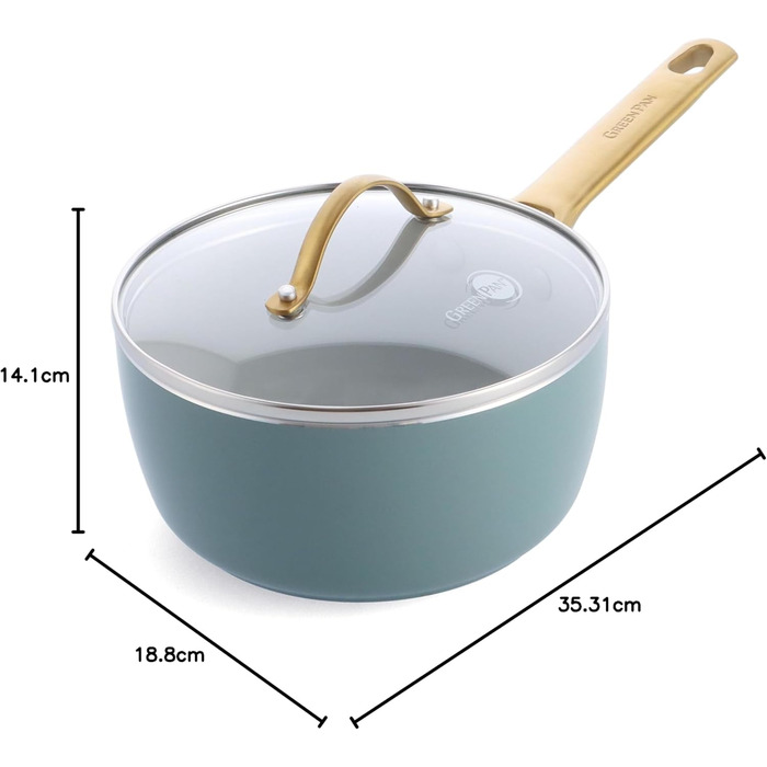 Каструля GreenPan Padova Reserve з нержавіючої сталі з антипригарним покриттям Hartelox, 18 см, 2 л, з кришкою з термостійкого скла, без PFAS, для індукційних плит, з золотим ручками, придатна для миття в посудомийній машині та випікання, колір Димчастий 