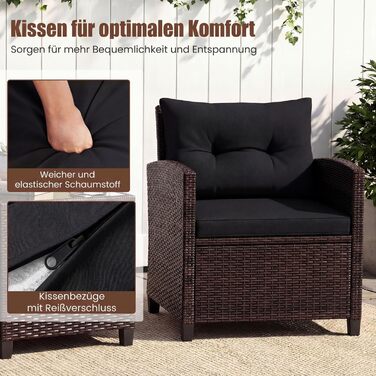 Садовий набір меблів COSTWAY з ротангу 3 предмети: 2 крісла, стіл зі скляною стільницею, подушки. Меблі для балкона та тераси на 2 особи, вуличні, коричнево-чорні