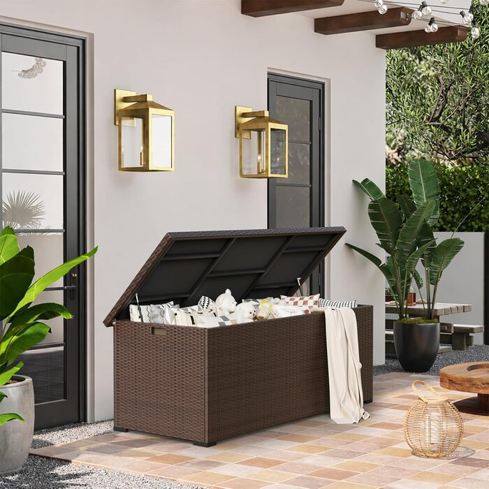 Водонепроникний садовий ящик Amopatio Gartenbox 650л з поліротангу для подушок, металевий з газовими амортизаторами, для саду та балкону, коричневий