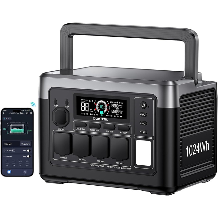 Портативна електростанція OUKITEL P1000E 2 PLUS: 1024Wh, LiFePO4, 3600W (пікова потужність), 4 виходи AC, 100W USB-C, UPS, для кемпінгу та надзвичайних ситуацій