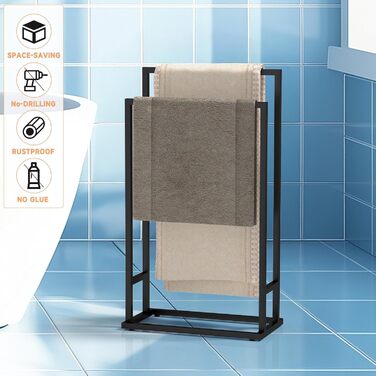 Підставка для рушників на підлозі, металева, чорна, з 2 перекладинами, для ванної кімнати, стабільна, економна