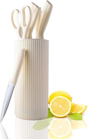 Набір кухонних ножів 7 шт. з бруском, Messerblock, з нержавіючої сталі, для кухні, нарізки м'яса та овочів (Бежевий)