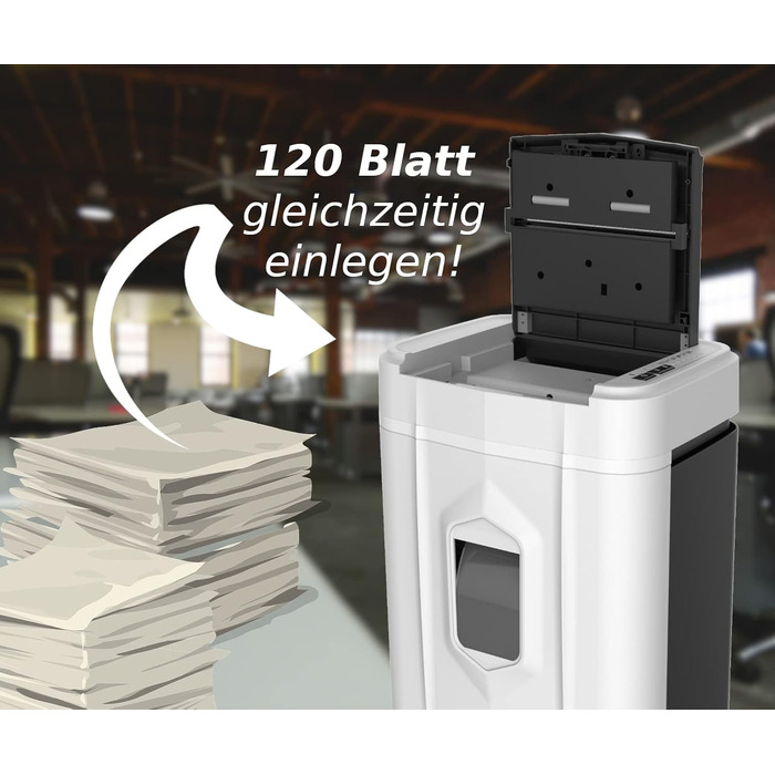 Шредер для паперу Reisswolf, 120 аркушів, автоматичний, P4, з контейнером 19л, тихий (65dB), кросс-різ/партикул-різ, автоматичне вимкнення