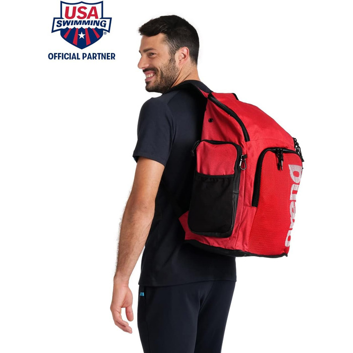 Рюкзак Arena Team 45 великий спортивний рюкзак, рюкзак для подорожей, спорту, плавання та відпочинку, пляжний рюкзак з відділенням для мокрого одягу та посиленим дном, 45 літрів (темно-синій / помаранчевий)