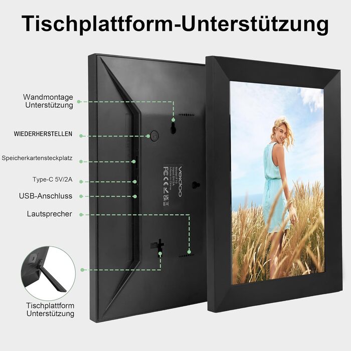 Цифровий фоторамка Veidoo 10.1 дюйма, IPS-сенсорний екран 1280x800, 32GB, для сімейних фото, з Wi-Fi, Frameo App (Чорний)