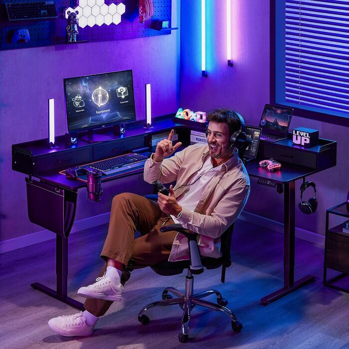 Регульований кутовий стіл L-подібної форми, електричний, 160 x 140 см, з 3 висувними ящиками. Стіл для офісу, роботи, геймінгу, стоячи/сидячи. Чорний колір.